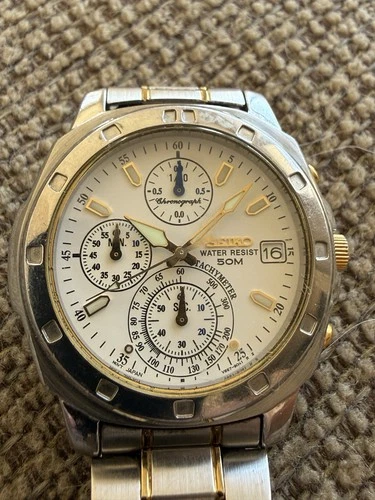 Vintage SEIKO V657-9029 Chronograph Orig Brace Two Tone Steel Gold Needs Battery