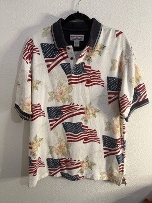 Vintage Boca Classics American Flag Polo Shirt Medium USA Patriotic Floral 90s