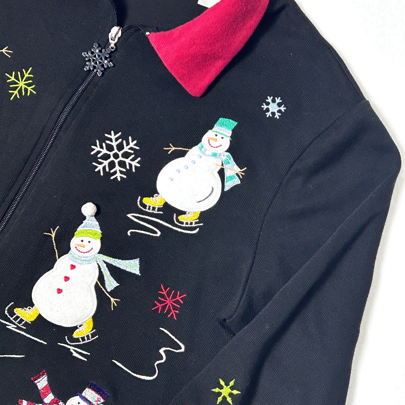 Vintage Embroidered Snowman Christmas Zip Sweatshirt Jacket Women's Black Size L image 6