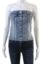 Tractr Womens Cotton Ruched Denim Button Up Strapless Top Blue Size M