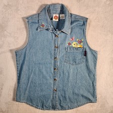 Looney Tunes Tweety Bird Vest Womens Large Blue Denim Flowers Button Shirt Top