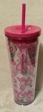 Starbucks Pink Roller Rabbit Holiday Christmas Monkeys Tumbler Travel Cold cup