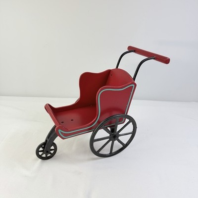 Wood Doll Teddy Bear Stroller Red w/ Black Iron Wheels Christmas Play Toy 12 H