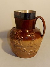 James Stiff Lambeth : Large Brown Salt Glazed Stoneware Hunting Jug : Silver Rim