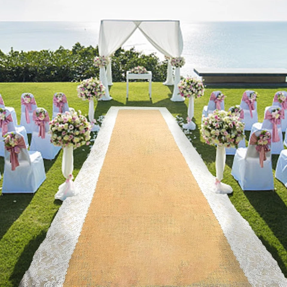 Pasillo de boda corredor arpillera encaje decoración boda rústico exterior interior 3 pies x 20 pies Foto 3 de 4
