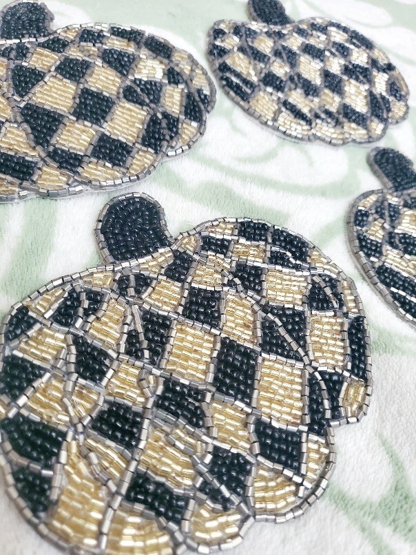 Black Gold Check Pumpkin Beaded Coasters Halloween Thanksgiving Autumn