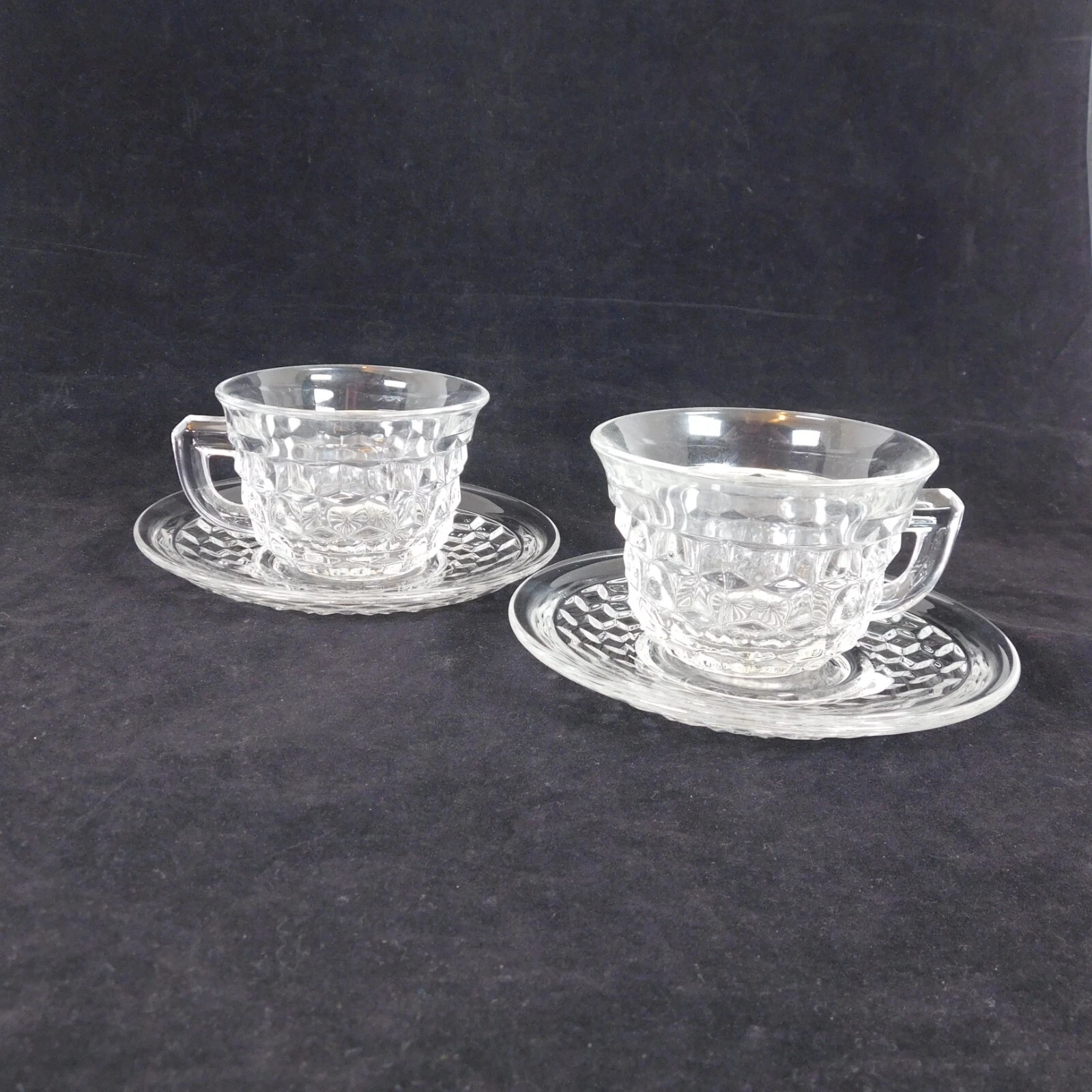Lot of 4 Fostoria American Clear 2 Flared Punch Cups Saucers Cube Motif Vintage
