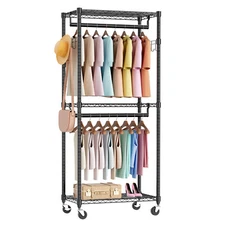 Metal Clothes Hanger with Wheels, Adjustable Baffle Height, Free Installation