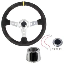 CJ Classic Trucks Steering Wheel 14" 6-Bolt 3-Spoke Aluminum Suede-Wrapped Ki...