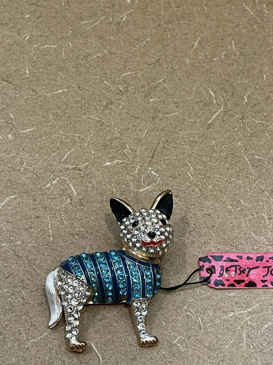 Betsey Johnson Crystal Encrusted Corgi Puppy Dog Pin Brooch Blue White NEW