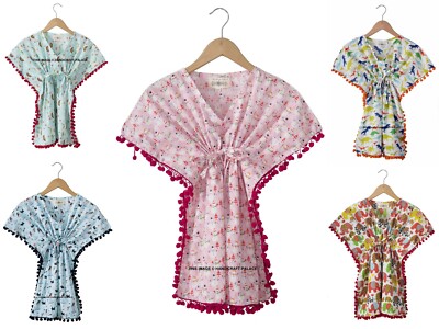 Kids Girl Kaftan Handmade Printed Soft Cotton Top Beach Wear Dress Indian Caftan