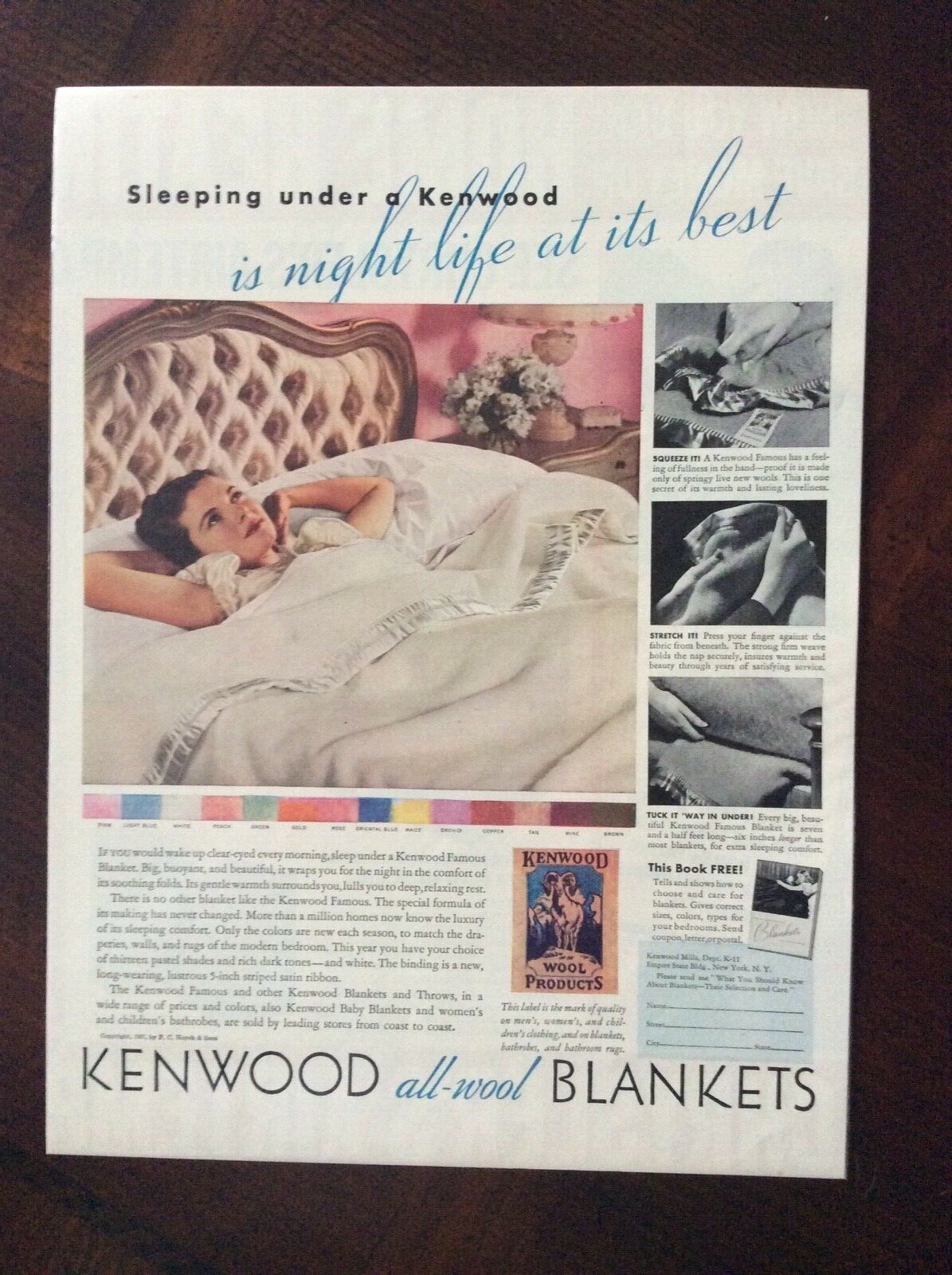 1937 vintage Original color ad Kenwood AllWool Blankets fantastic