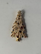 Rhinestone White Enamel Snow Goldtone Metal Christmas Tree Pendant