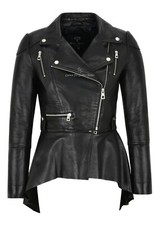 Calemini Ladies Cropped Leather Jacket Cum Flare Coat With Detachable Flare