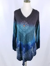 NWT Greater Good Long Sleeve Tunic Top Size S/M Blue Brown Ombre Beaded Sequin