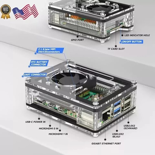 Case for Raspberry Pi 5 with Fan Cooling and 4 Pcs Copper Heatsinks Clear NEW - Afbeelding 3 van 5