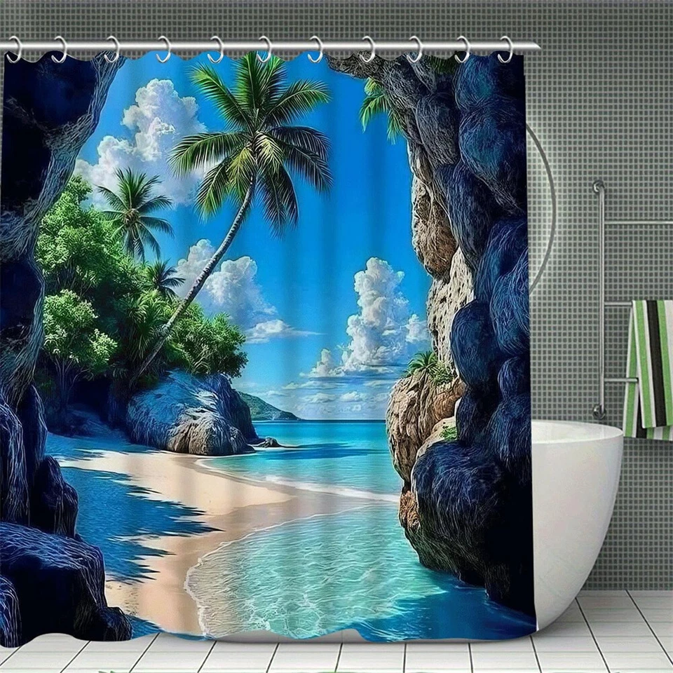 Alfombra de baño cortina de ducha 3D para árbol de playa nubes alfombra de baño tapa de inodoro cubierta decoración Foto 2 de 4