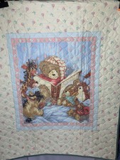 Vintage Crib Baby Quilt Teddy Bear Reading To Stuffed Animal Friends 33"x44" 90s