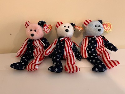 Ty Beanie Babys Spangle Bear Set x3 - rosa, weiß & blau - neuwertig Etikett