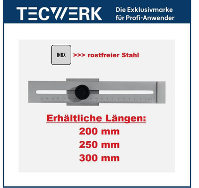 TECWER Inox Edelstahl rostfrei Streichmaß 200 250 od. 300mm mit flachem Schieber