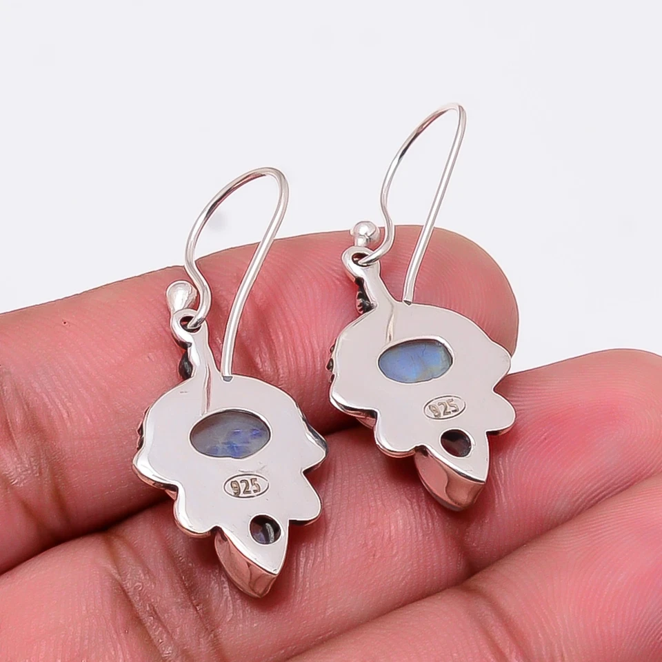 925 Sterling Silver Natural RAINBOW MOONSTONE Dangling Bezel Earrings Jewelry - Image 4 of 4