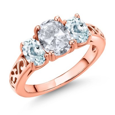 2.50 Ct Oval White Topaz Sky Blue Aquamarine 18K Rose Gold Plated Silver Ring
