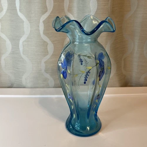 Vintage Fenton Aqua Blue Vase Floral Hand Painted Ruffled Edge 9.5”