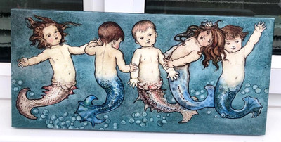 Wunderschöne Vintage Wasserbabys kleine Meerjungfrauen Meeresfeen montiert Leinwand
