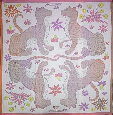 Hermes Mousseline Silk Shawl Scarf Les Leopards Pink Stole Chiffon