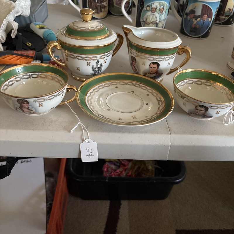 Vintage Napoleon And Josephine Porcelain Tea Cups Saucer Creamer And Sugar Hold