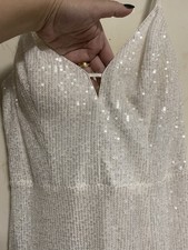 White Sequin V-Neck Sleeveless Full-Length Sheath Wedding Dress with Slit