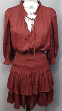 Elan Tiered Smocked Dress Womens Large Red Ruffle Trim V Neck Tie Front JP50015