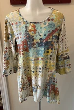 CMC Color Me Cotton Women M Abstract Polka Dot Lagenlook Top 3/4 Sleeves Swing