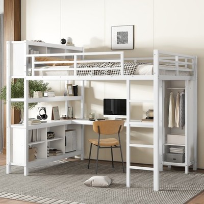 Metal Loft Bed with Wardrobe And L-shaped Desk, Queen Size Loft Bed with Storage
