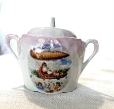 Antique Santa in Dirigible Child's Porcelain Sugar Bowl For Child's Tea Set 3"