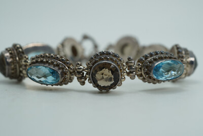 BA Bali Sterlingsilber Rauchquarz & Blautopas schweres Gliederarmband