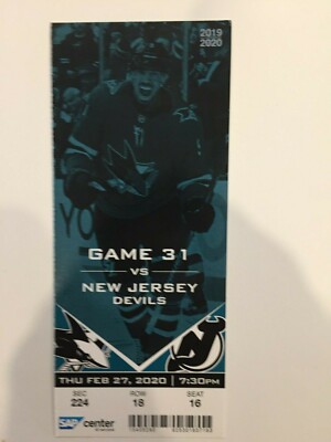SAN JOSE SHARKS VS NEW JERSEY DEVILS FEBRUARY 27, 2020 TICKET STUB