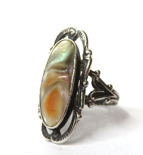 Estate Antique Victorian Sterling Silver Abalone Blister Openwork Ring Size 5.5