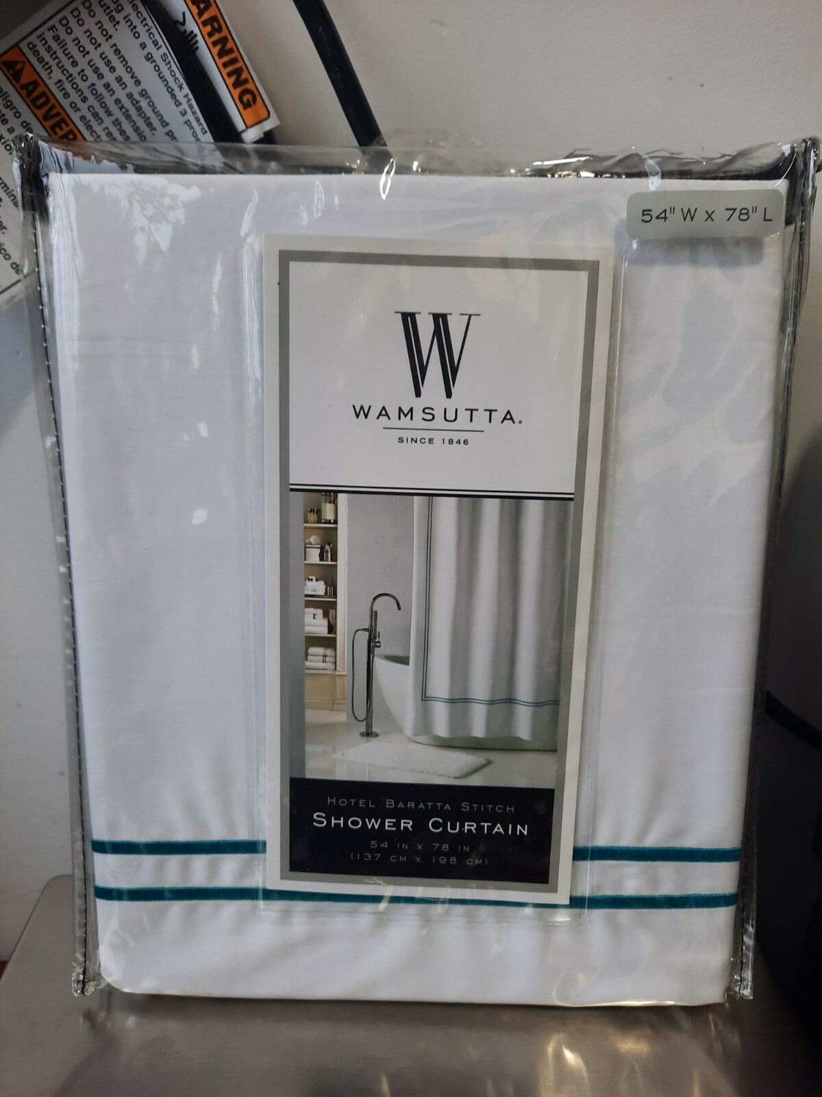 54x78" Wamsutta Hotel Baratta Stitch Luxury Shower Curtain White / Teal