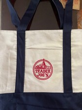 Trader Joe's Reusable Canvas Eco Tote Bag Heavy Duty Bag Blue White Brand NEW   