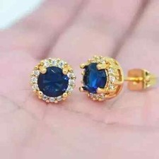 2ct Round Cut Lab-Created Sapphire Women Halo Stud Earrings 14k Yell Gold Plated