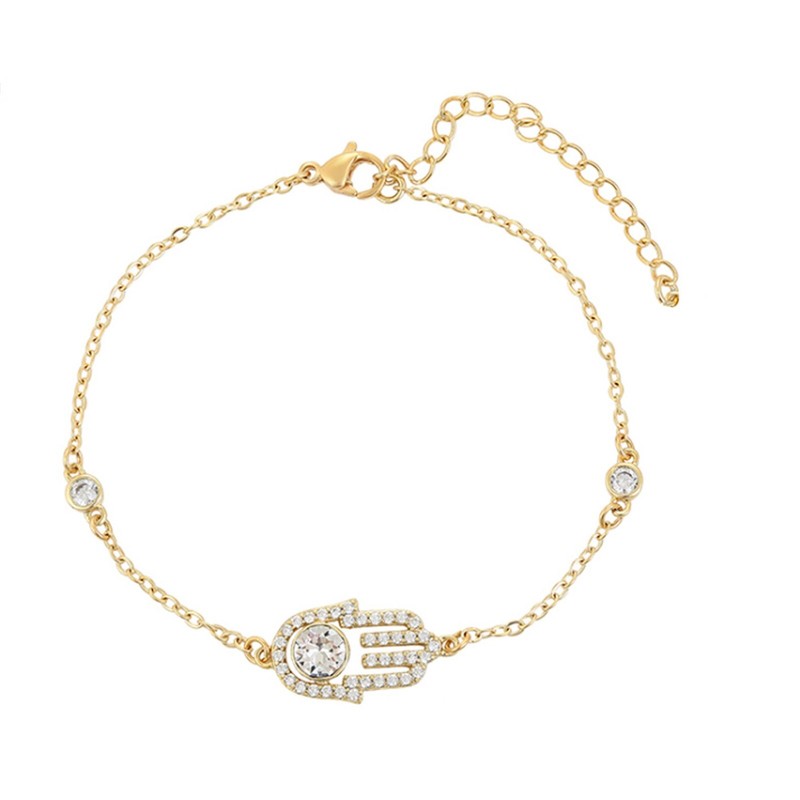 14k Gold Plated Clear Fatima Hand Bracelet. Curb Link Chain. Amulet Oro Laminado - Product main view
