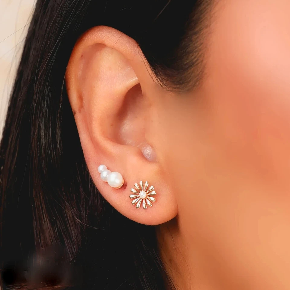 14K Yellow Solid Gold Pearl Flower Stud Earrings - Image 2 of 3