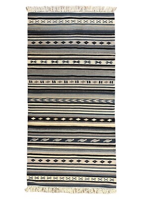 Vintage Ikea Kattrup Aztec Geometric Handwoven Wool Blue White