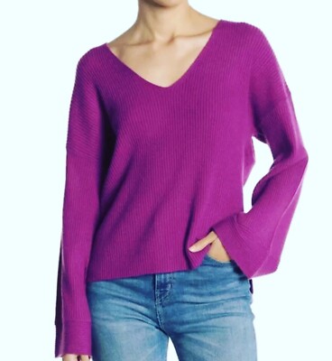 Free Press V Neck Ribbed Knit Sweater Purple Rosea Bell Sleeves Cropped Size S