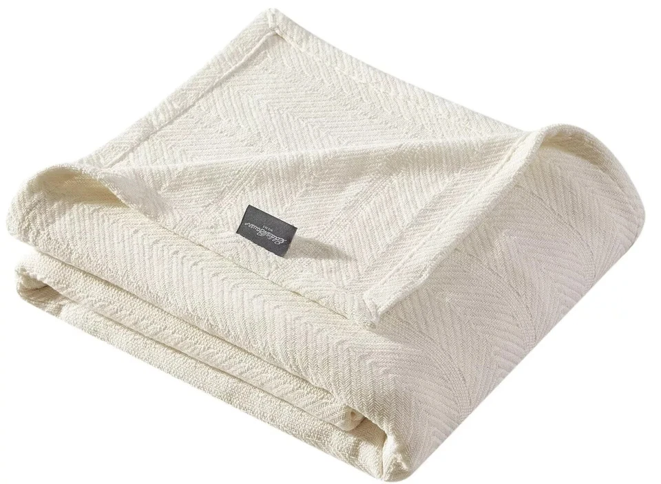Eddie Bauer Home Twin Off-White Ivory Herringbone Cotton Blanket 66" x 90" - Image 2 of 3