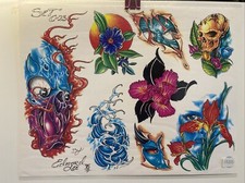 Vintage 1996 Wall Art Tattoo Flash Sheet By Edward Lee Skull Flower Rose Lotus