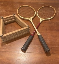 2 Vintage MCM 60s Spalding Marca Registrada Wooden Badminton Rackets Frame Press