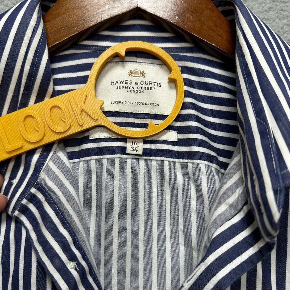 Camisa de vestir HAWES & CURTIS puño francés para hombre 16/34 calce clásico azul blanco a rayas Foto 4 de 4