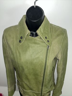 H & M Trend Lime Green Chartreuse Soft Leather Moto Motorcycle Jacket Size 4